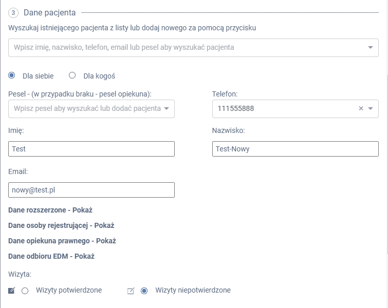 Formularz danych pacjenta z polami do uzupełnienia imienia, nazwiska i innych informacji.