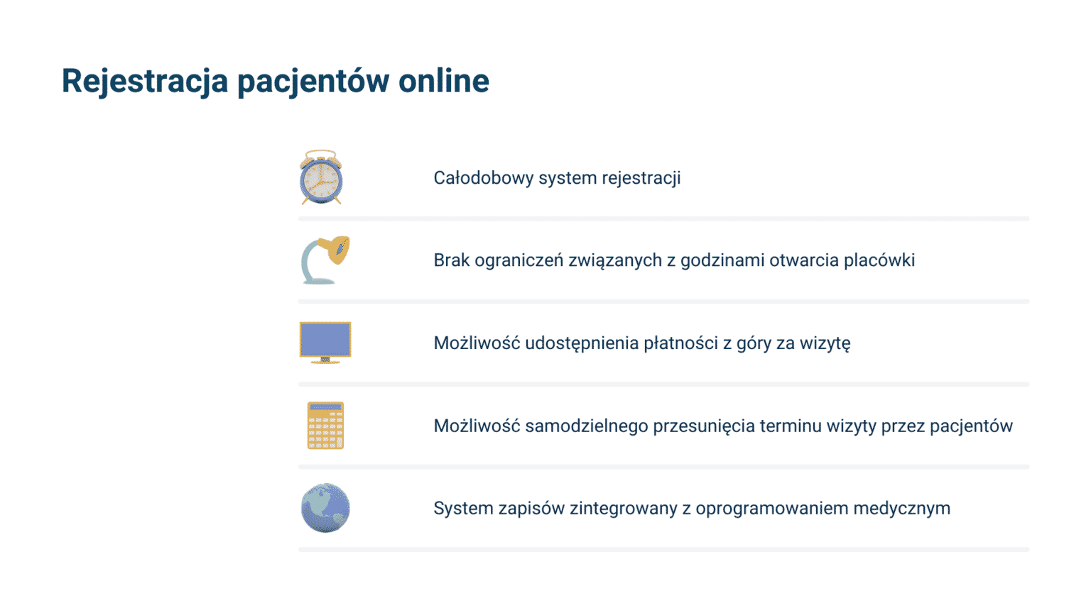 Online system rejestracji pacjentów z integracją medyczną, płatnościami i zmianą wizyt.