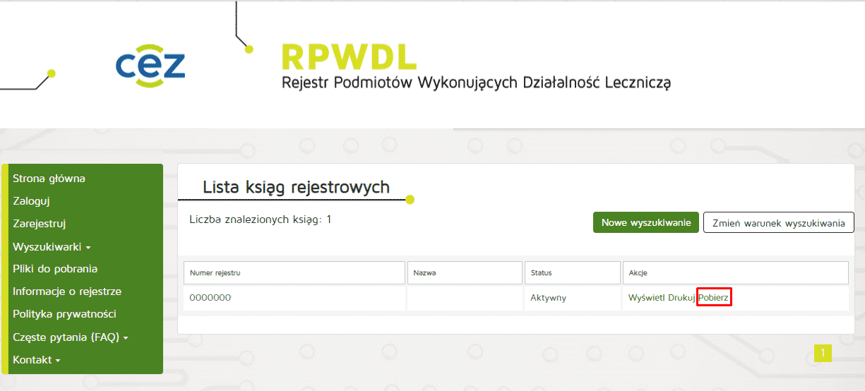 CEZ RPWDL webpage showing registered entities list with search and action options.