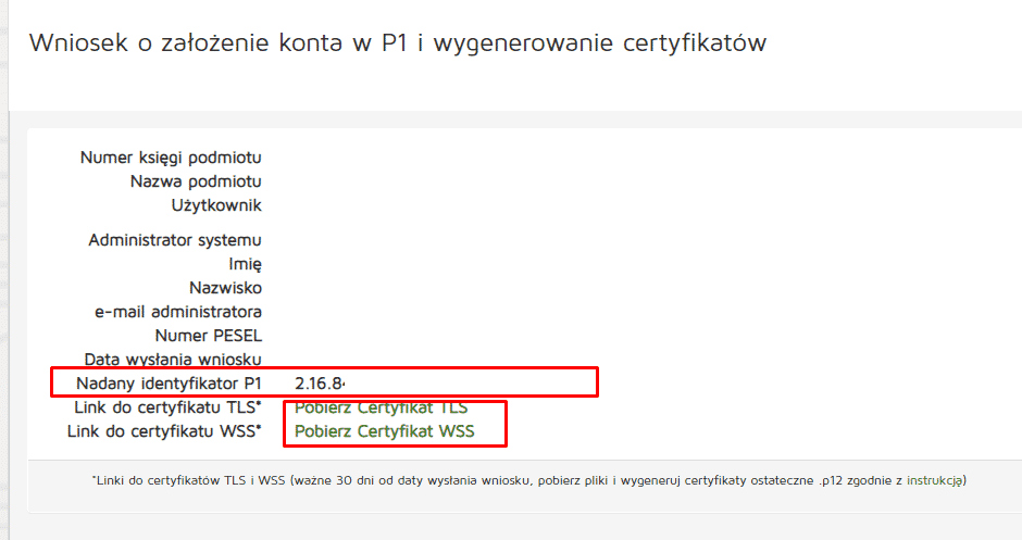 Formularz wniosku o konto w P1 z opcjami pobrania certyfikatów TLS i WSS.