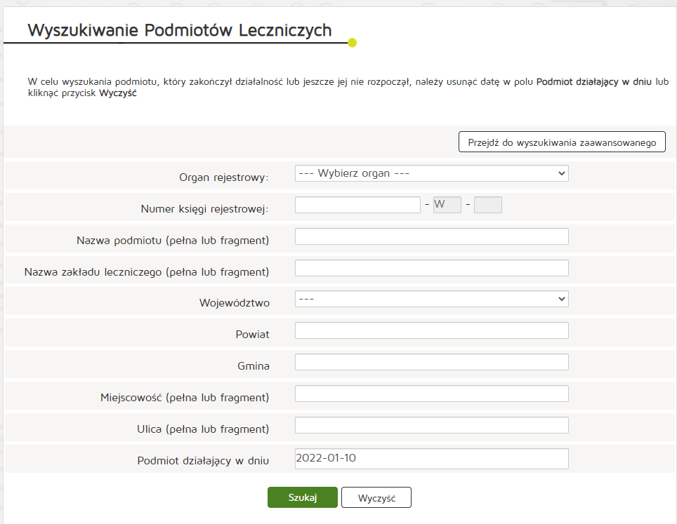 Formularz wyszukiwania podmiotów leczniczych z wieloma kryteriami i przyciskami akcji.