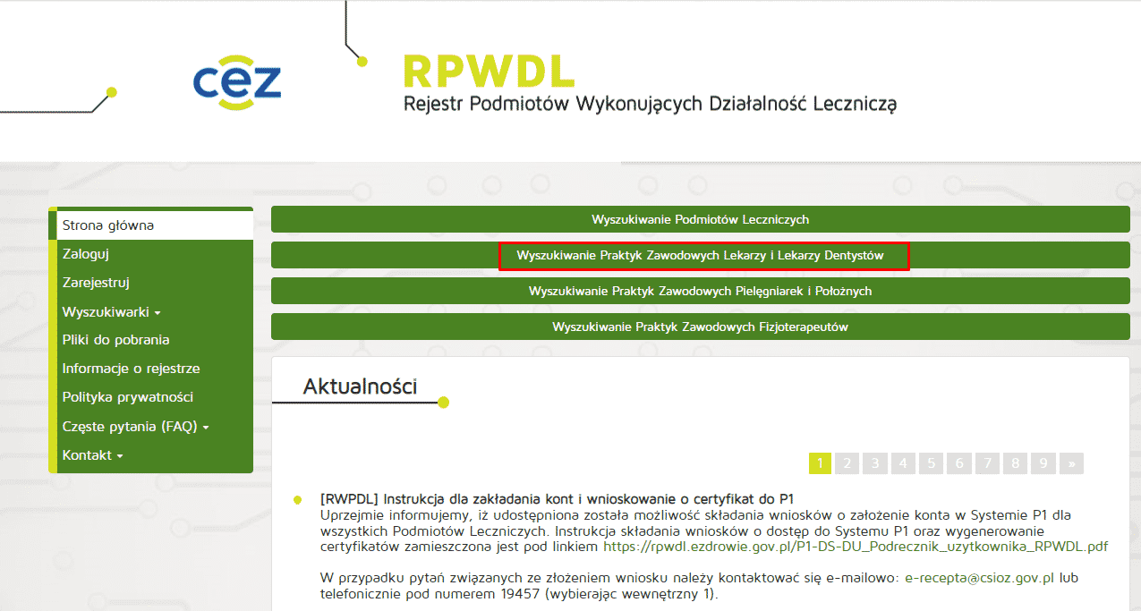 RPWDL site for medical practice registry in Poland with search and news sections.