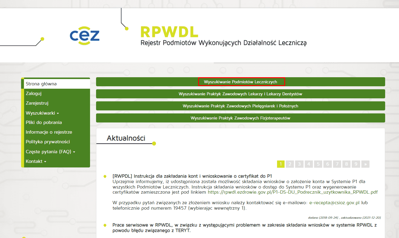 Portal RPWDL do wyszukiwania podmiotów medycznych, logowania i informacji o certyfikatach.