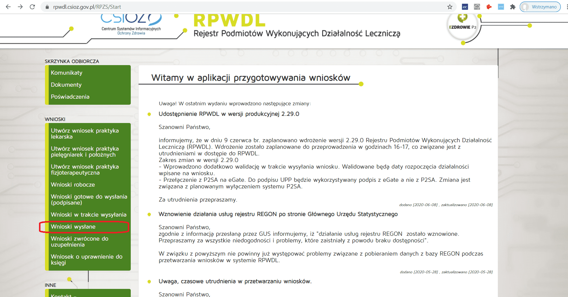 Strona RPWDL z informacjami o wnioskach i aktualizacjach wersji 2.29.0 aplikacji.
