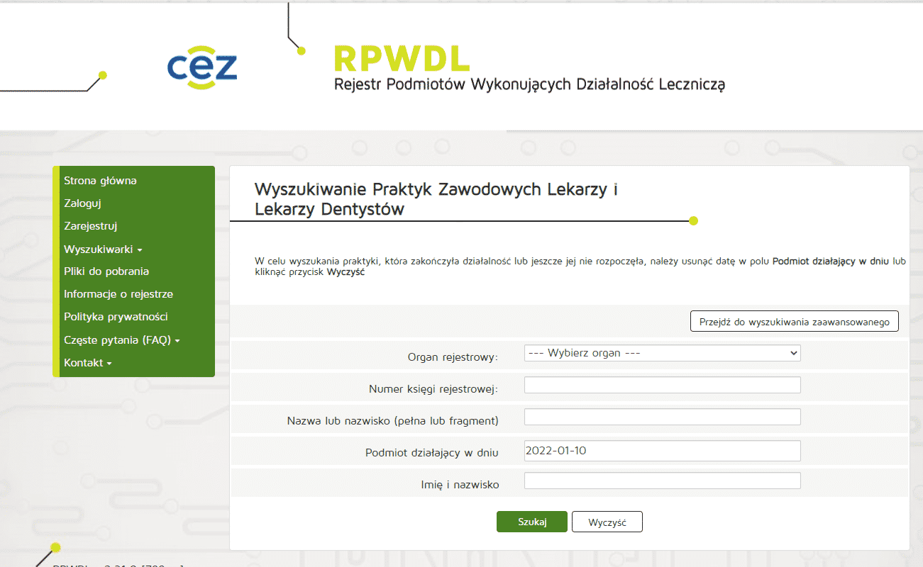 Strona RPWDL z formularzem wyszukiwania praktyk lekarzy i dentystów, menu po lewej.