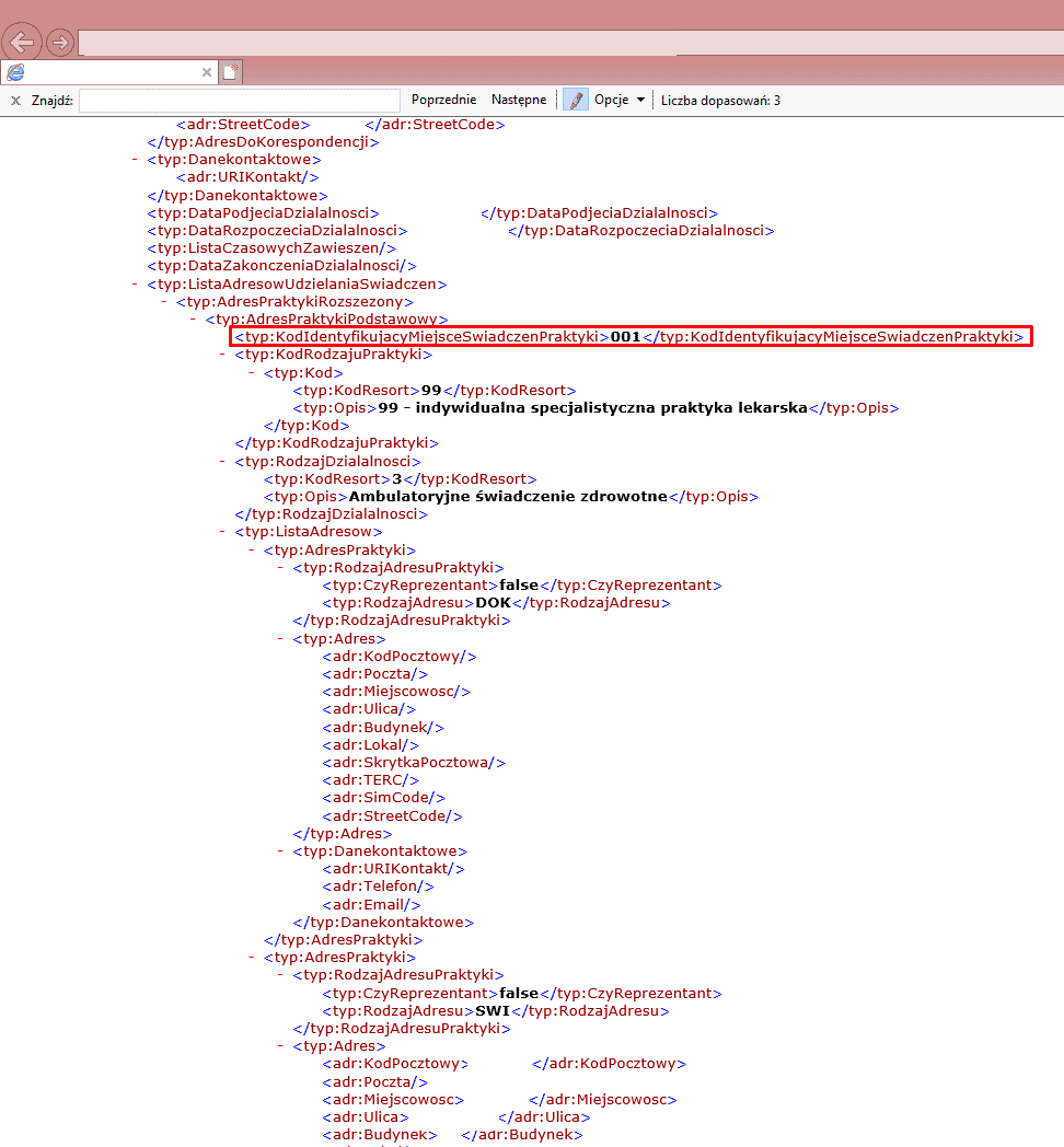 Zrzut ekranu edytora XML z danymi praktyki lekarskiej i adresowymi.