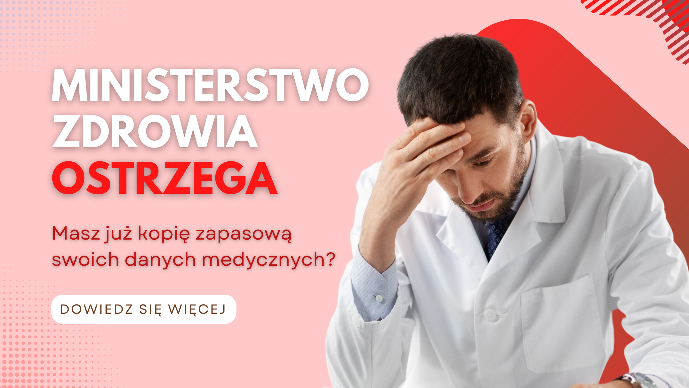 Infografika z załamanym lekarzem, który nie zrobił kopii zapasowej danych medycznych.