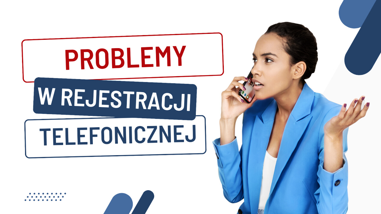 okładka filmiku na Youtube o problemach w rejestracji telefonicznej. Zdenerwowana kobieta w niebieskiej marynarce rozmawiająca przez telefon