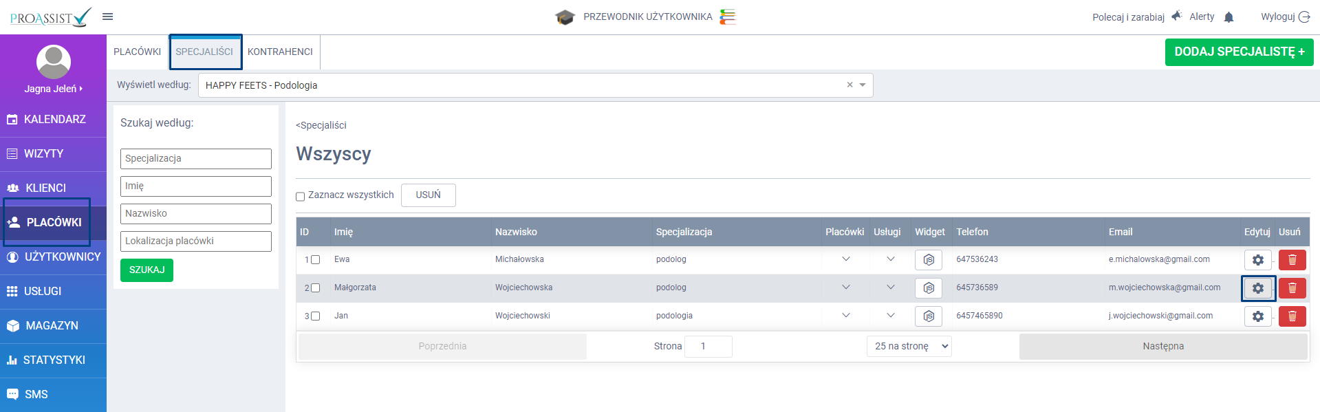 Instrukcja proassist- widok systemu- zakładka placówki-specjaliści