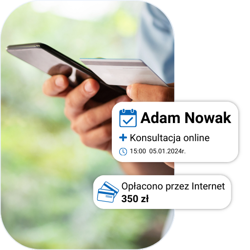 Osoba z telefonem, płatność online za konsultację 350 zł, 5 sty 2024.