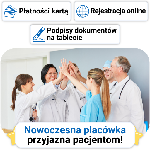 Płatności kartą, rejestracja online i podpisy dokumentów na tablecie w placówce medycznej.