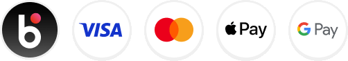 Visa, Mastercard, Apple Pay, Google Pay, logo "b" na czarnym tle.