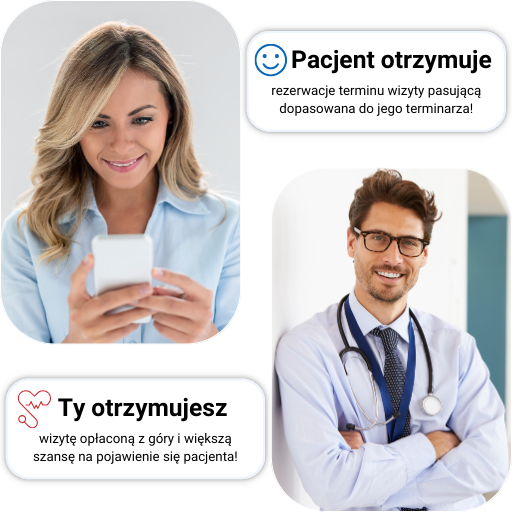 The image features a woman using a phone, a doctor smiling, and text about appointment benefits.