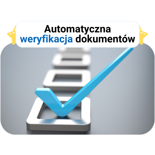 Automatyczna weryfikacja dokumentów z niebieskim znacznikiem wyboru.