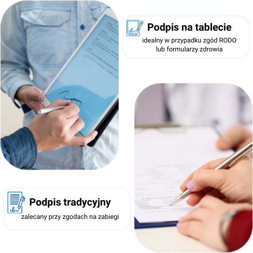 Osoba podpisująca dokumenty na tablecie i na papierze.