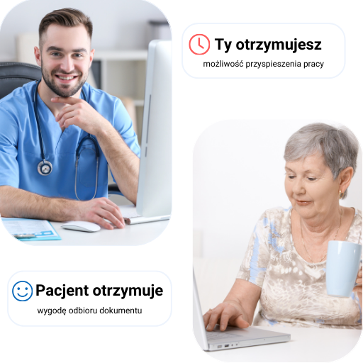 Mężczyzna w mundurze medycznym przy biurku i starsza kobieta z laptopem i kubkiem.