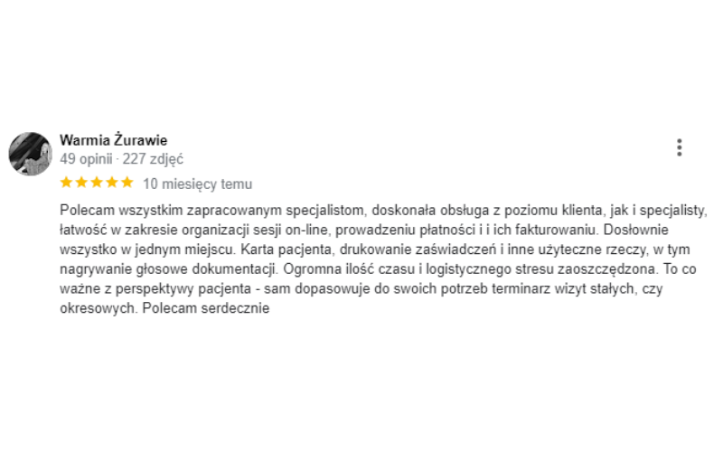 Opinia użytkownika o obsłudze klienta i organizacji wizyt online, z podkreśleniem oszczędności czasu.