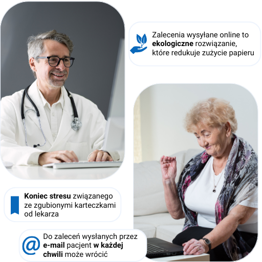 Lekarz i starsza kobieta z komputerami, promują ekologiczne zalecenia przez e-mail.