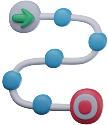 Diagram ścieżki z zieloną strzałką, niebieskimi kulami, czerwonym celem.