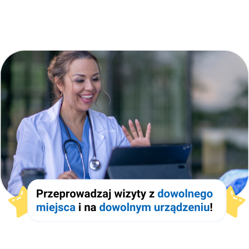 Kobieta w kitlu ze stetoskopem używa tabletu, tekst zachęca do wizyt z dowolnego miejsca.