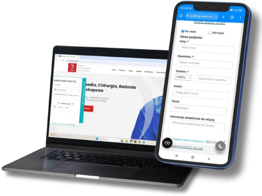 Laptop z otwartą stroną medyczną i smartfon z formularzem rejestracyjnym pacjenta.