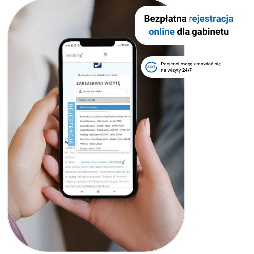 Osoba trzyma telefon z aplikacją do rezerwacji wizyty w gabinecie, dostępnej całą dobę.