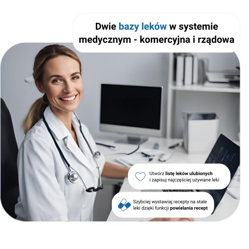 Kobieta w białym fartuchu przy biurku, tekst o bazach leków i ikonach recept.