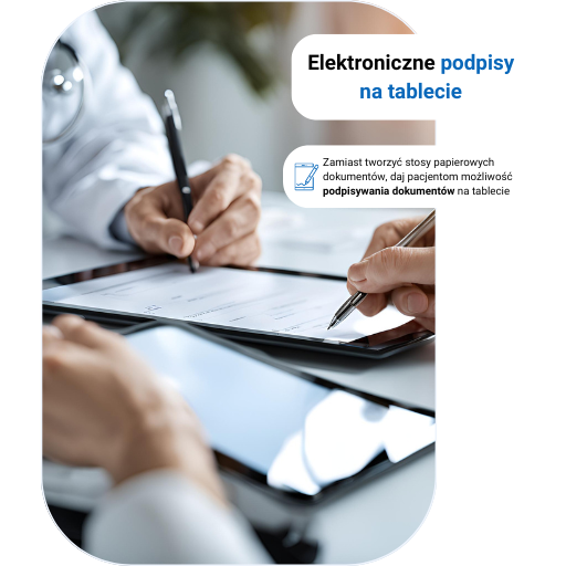 Osoby podpisujące dokument elektroniczny na tablecie, promujące rozwiązania bezpapierowe.