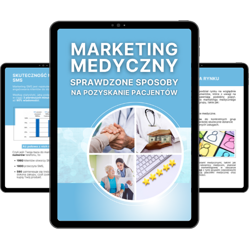 Tablet z materiałami o marketingu medycznym, SMS i analizą rynku.