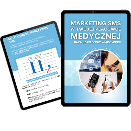 Tablety z materiałami o marketingu SMS w placówkach medycznych i wykresem skuteczności.