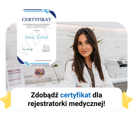 Kobieta w białym fartuchu w biurze, certyfikat Anna Nowak, reklama szkolenia.