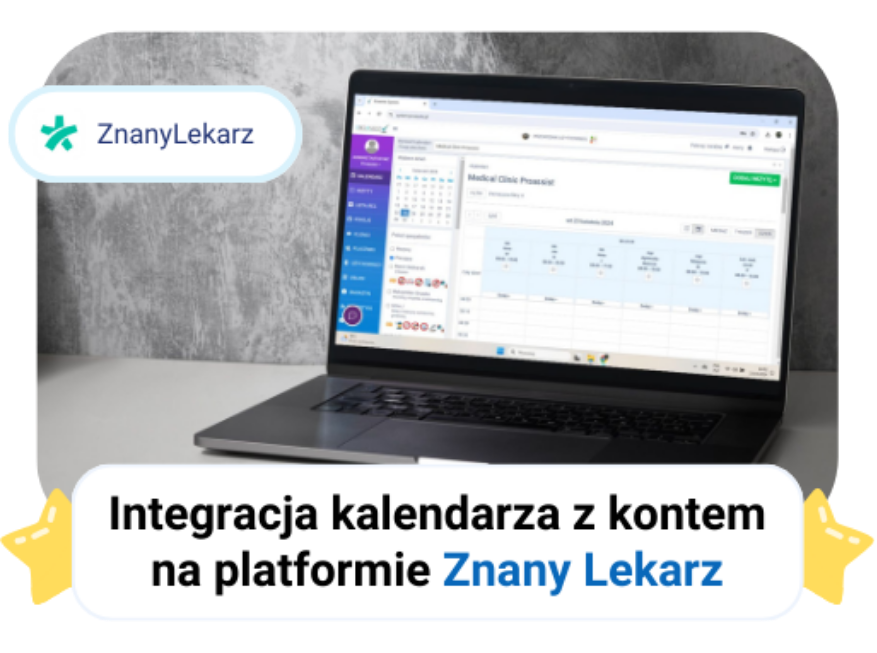 Laptop displaying calendar interface for ZnanyLekarz platform integration.