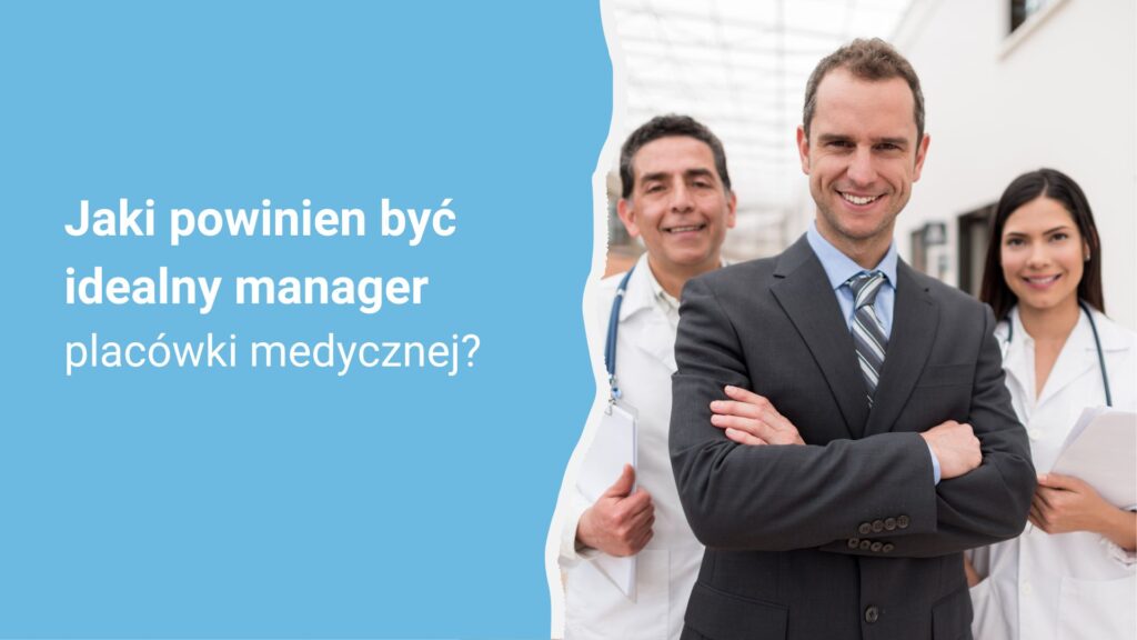 Idealny manager placówki medycznej na tle niebieskim z personelem medycznym w tle.