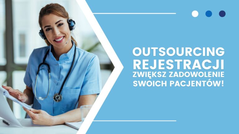 Kobieta w stroju medycznym z dokumentami, reklama outsourcingu rejestracji pacjentów.