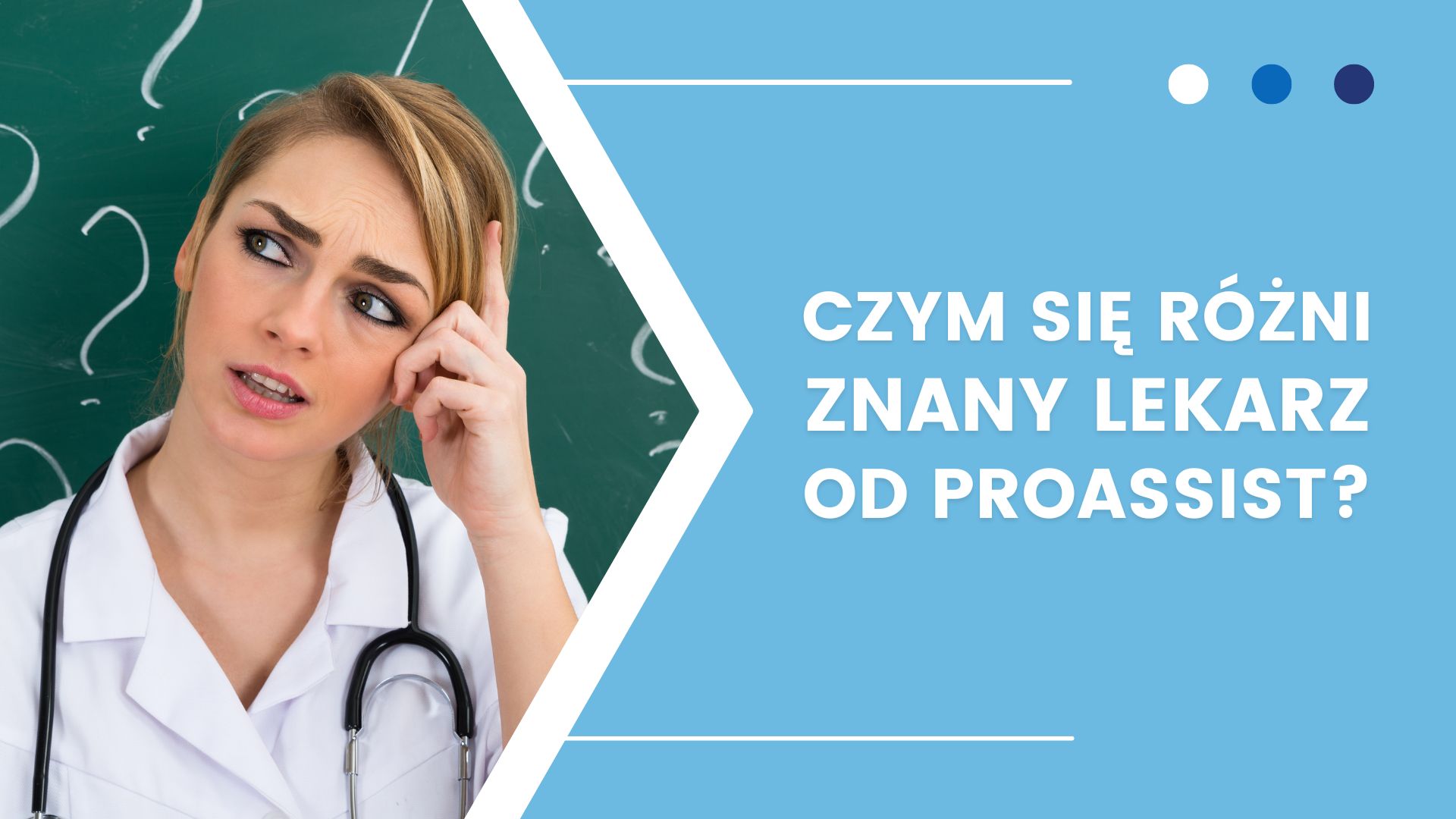 Kobieta w białym fartuchu przy tablicy z pytaniem o lekarza i Proassist.