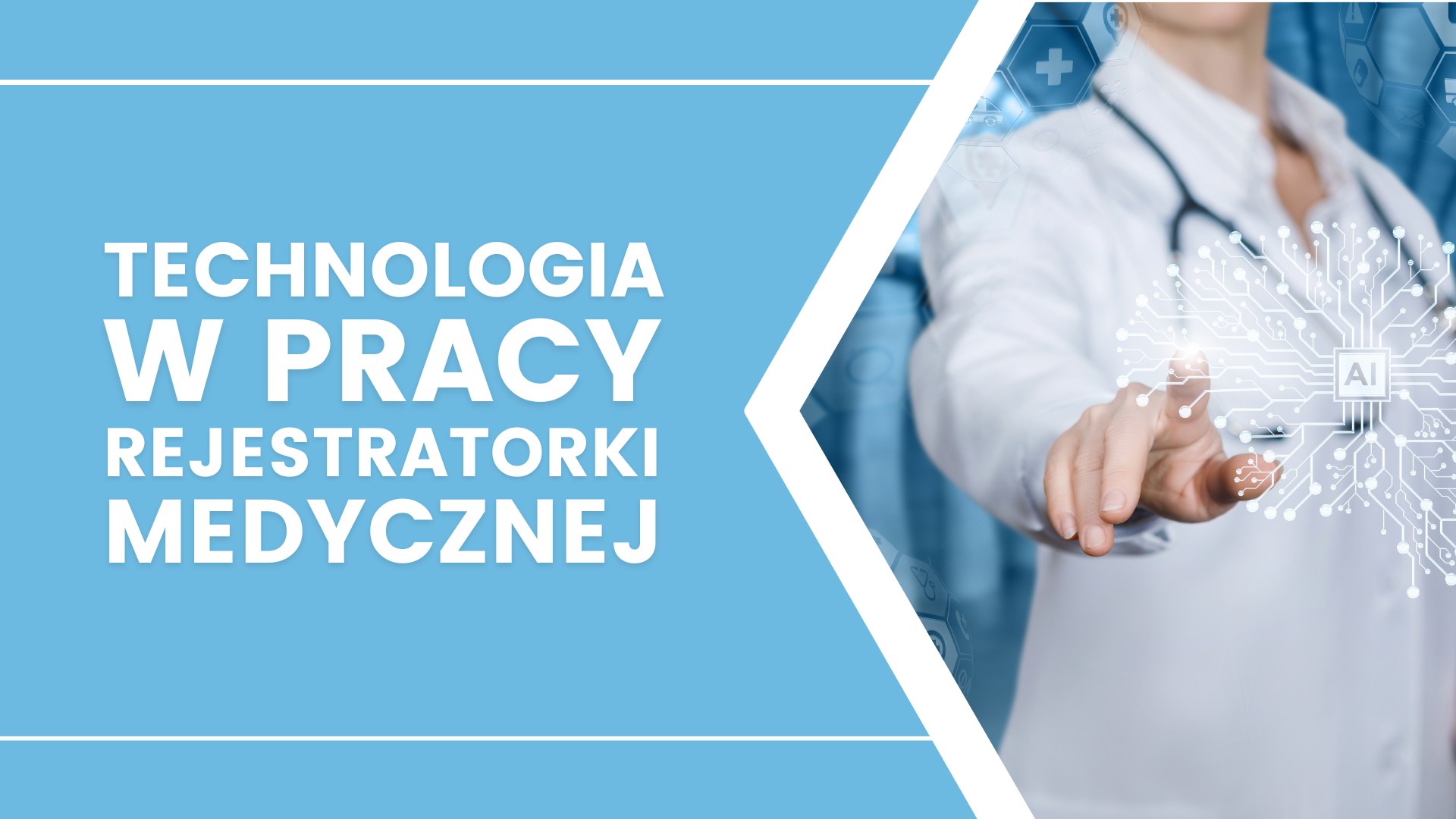 Pracownik medyczny obsługujący interfejs cyfrowy z motywem AI i symbolami medycznymi.