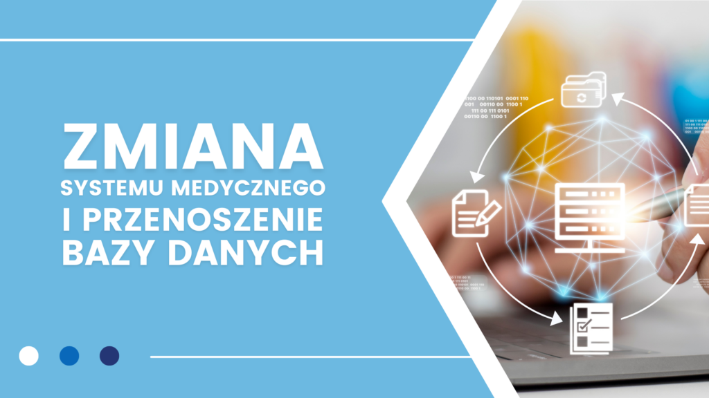 Zmiana systemu medycznego, przenoszenie danych, ikony serwera i dokumentów.