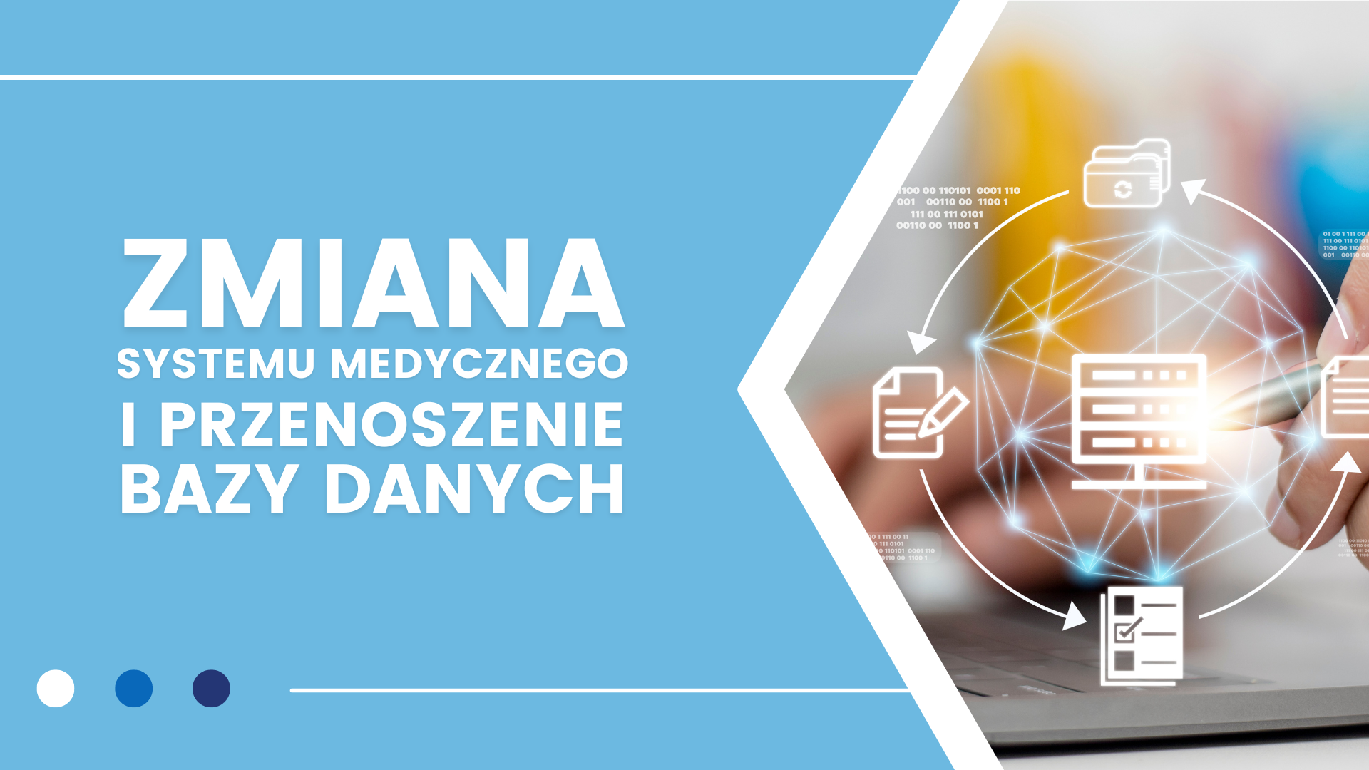 Zmiana systemu medycznego, przenoszenie danych, ikony serwera i dokumentów.