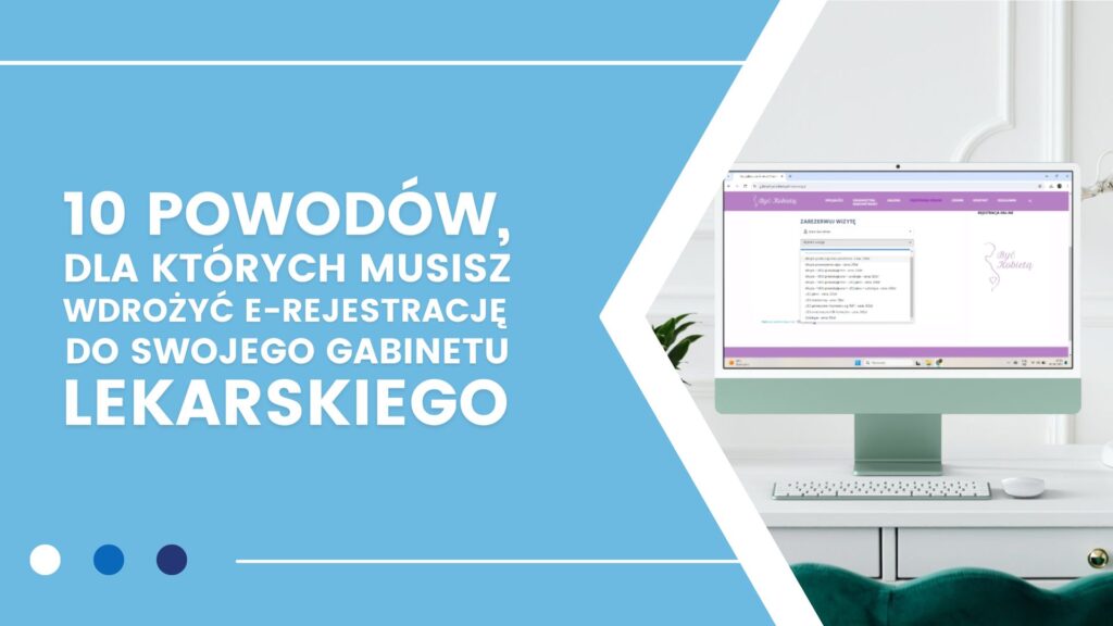 Niebieskie tło z tekstem o e-rejestracji i komputer z interfejsem rezerwacji wizyt.