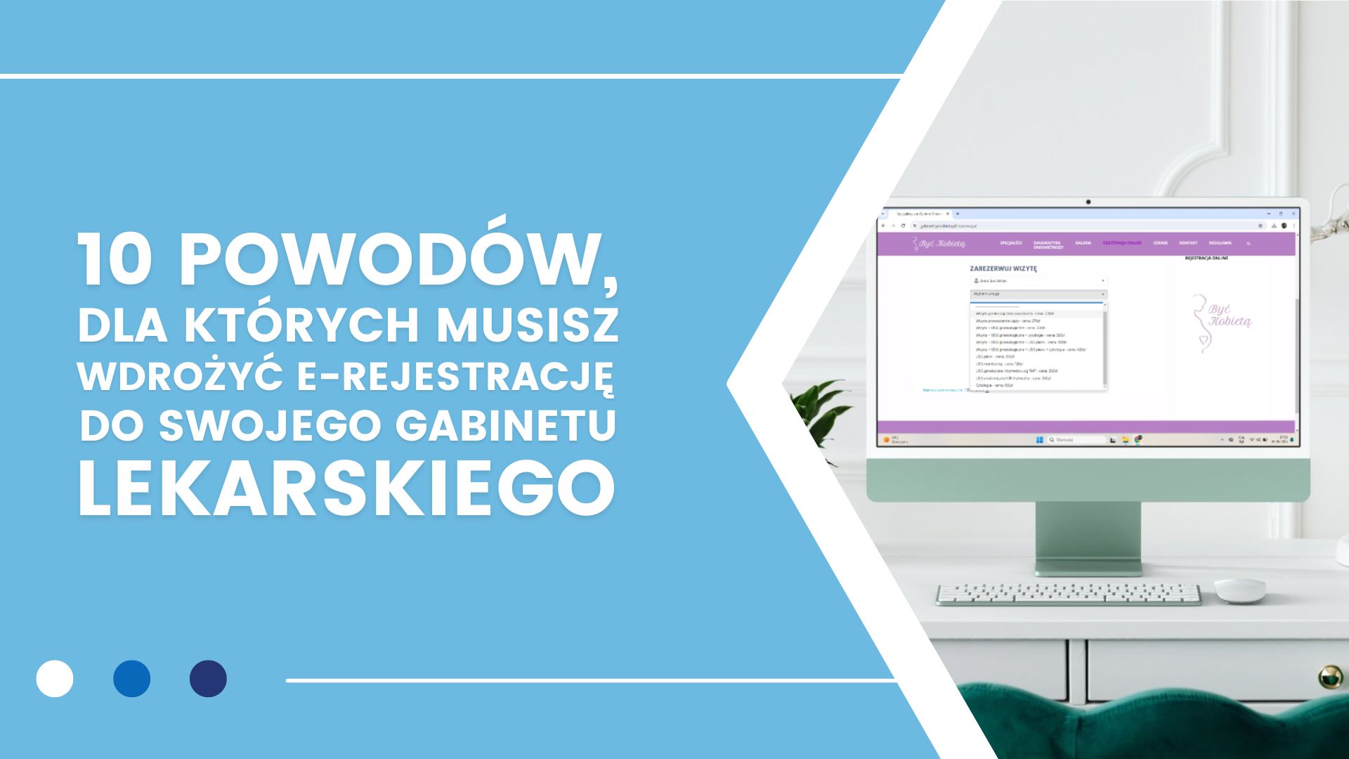 Niebieskie tło z tekstem o e-rejestracji i komputer z interfejsem rezerwacji wizyt.
