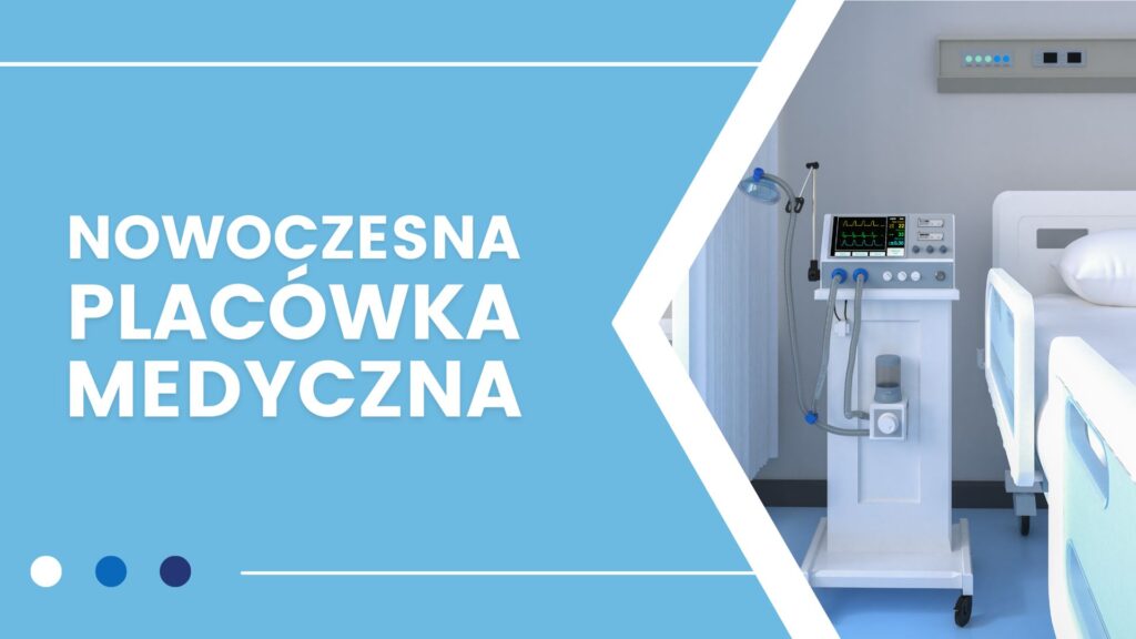 Nowoczesne pomieszczenie szpitalne z łóżkiem i sprzętem medycznym, napis "Nowoczesna placówka medyczna".