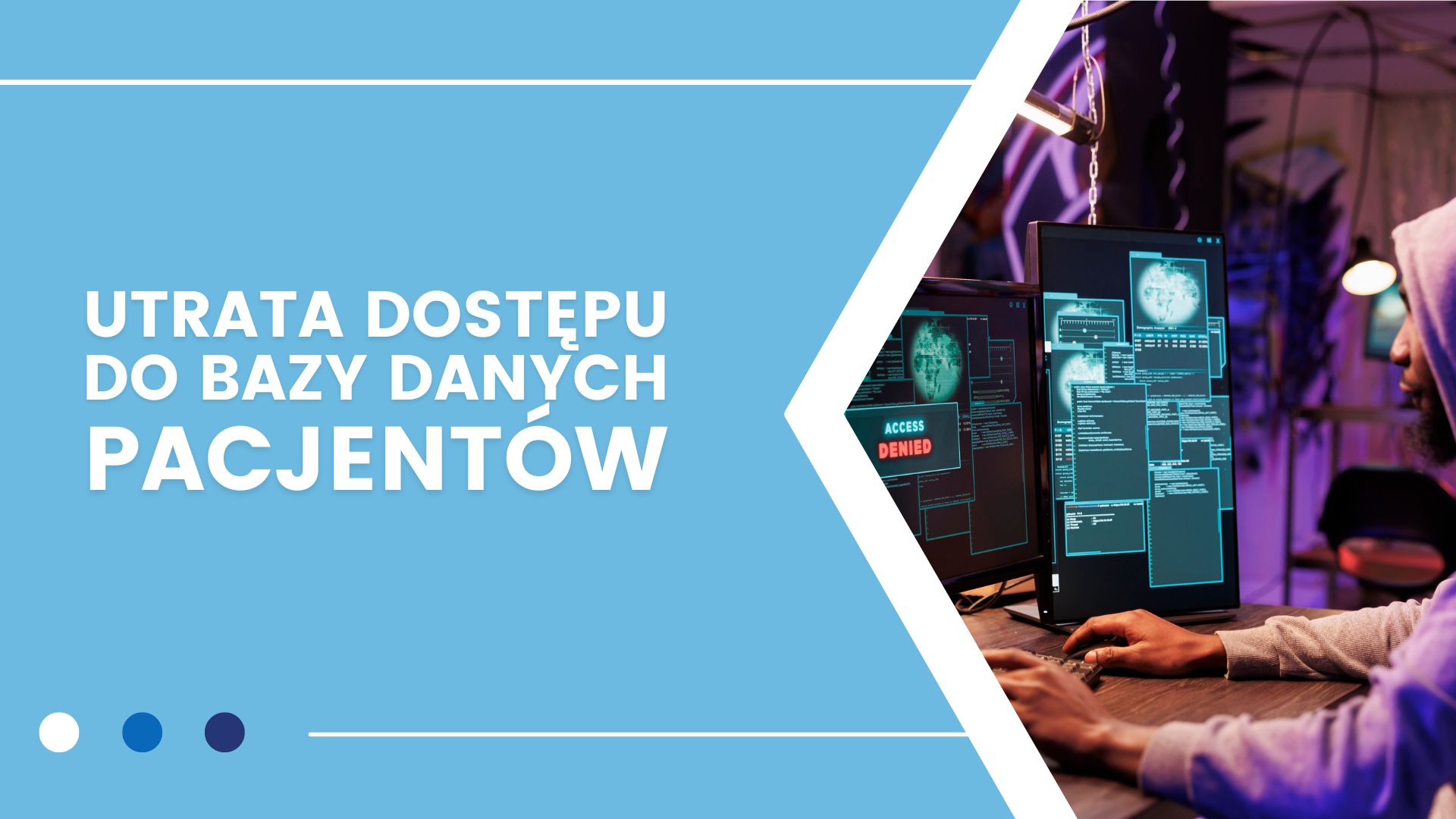 Osoba przy komputerze z komunikatem o odmowie dostępu, utrata dostępu do danych pacjentów.
