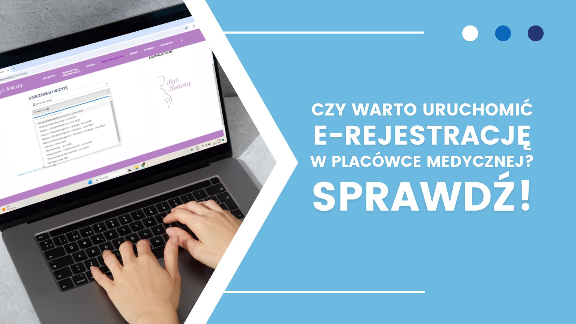 Osoba korzystająca z laptopa z e-rejestracją medyczną, z tekstem promocyjnym po prawej.