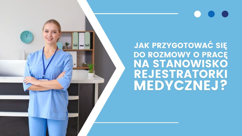 Osoba w niebieskim stroju medycznym przy recepcji, pytanie o rozmowę na rejestratorkę medyczną.