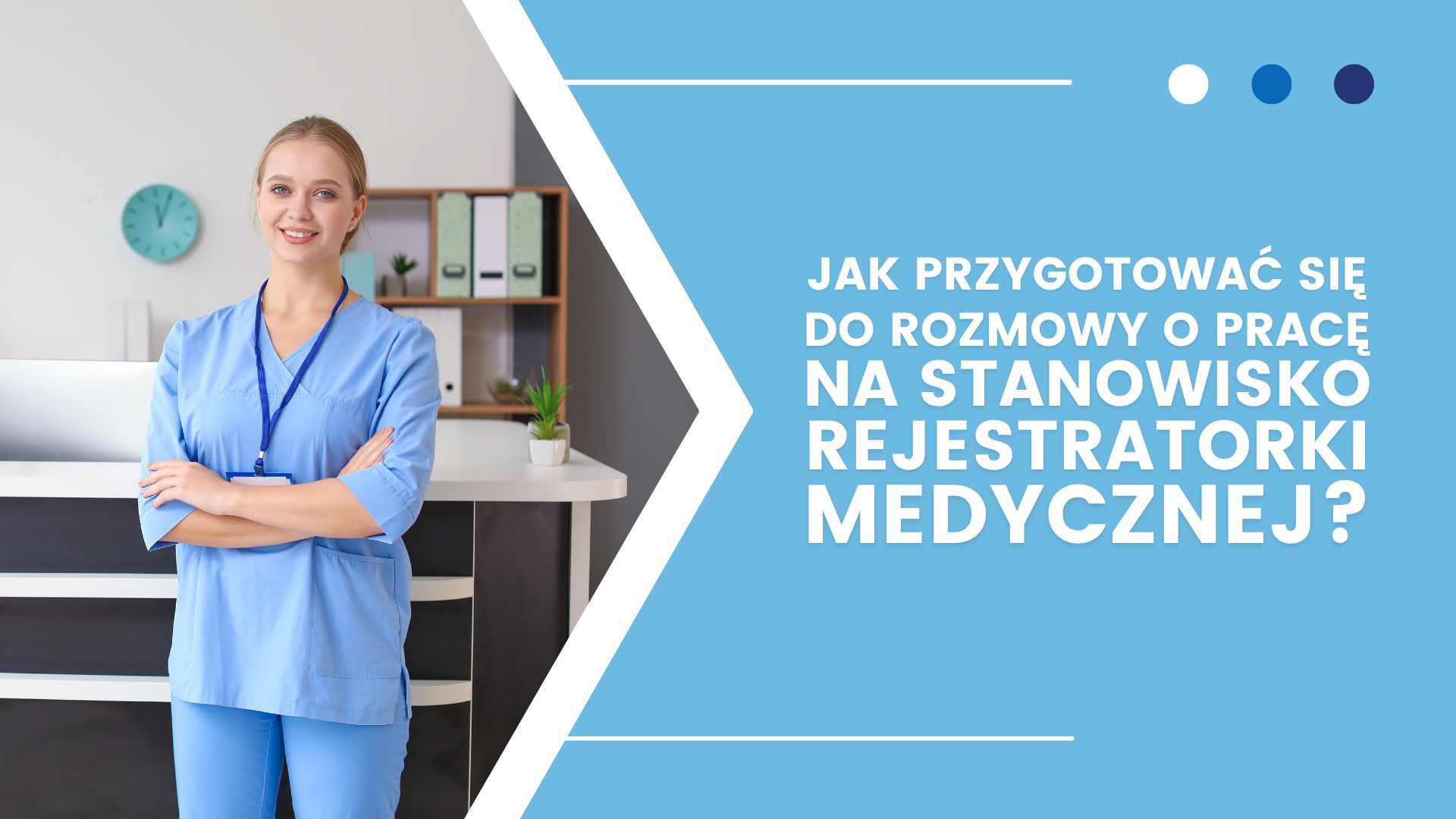 Osoba w niebieskim stroju medycznym przy recepcji, pytanie o rozmowę na rejestratorkę medyczną.