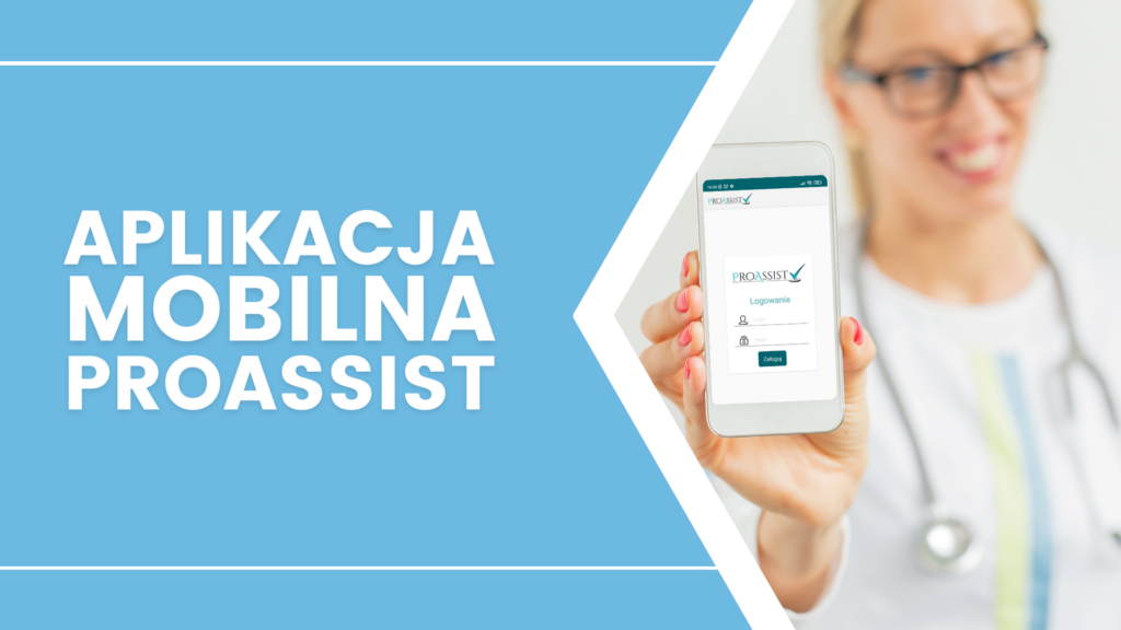 Aplikacja Proassist na smartfonie w ręku osoby w stroju medycznym