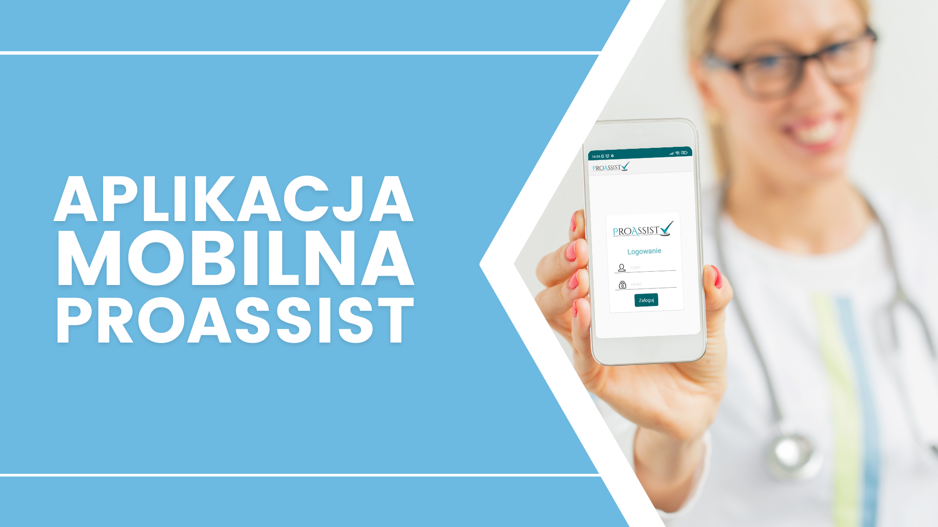 Aplikacja Proassist na smartfonie w ręku osoby w stroju medycznym