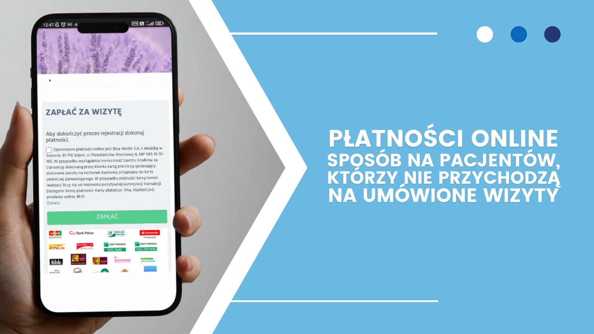 Smartfon z aplikacją do płatności online za wizytę i tekstem o korzyściach płatności online.