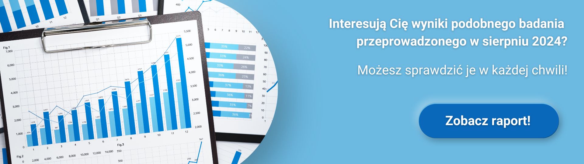 Charts on clipboard; blue background with Polish text inviting study results August 2024, button below.