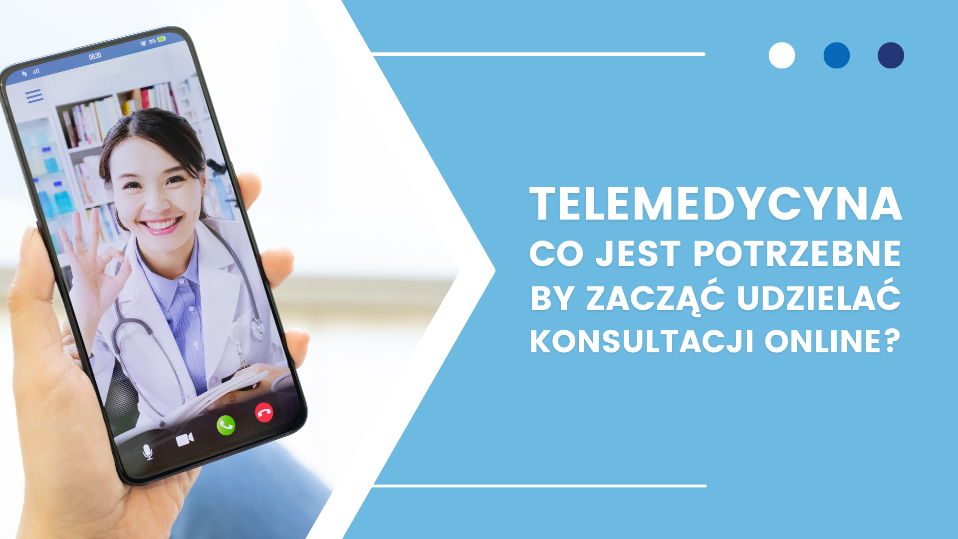 Telefon z lekarką na wideorozmowie, tekst o telemedycynie i konsultacjach online.